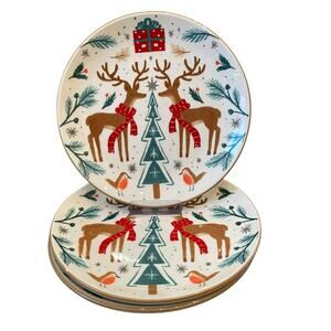 Prima Design WOODLAND CHRISTMAS DEER Ceramic Salad Plate 8.5in Set of 3 New